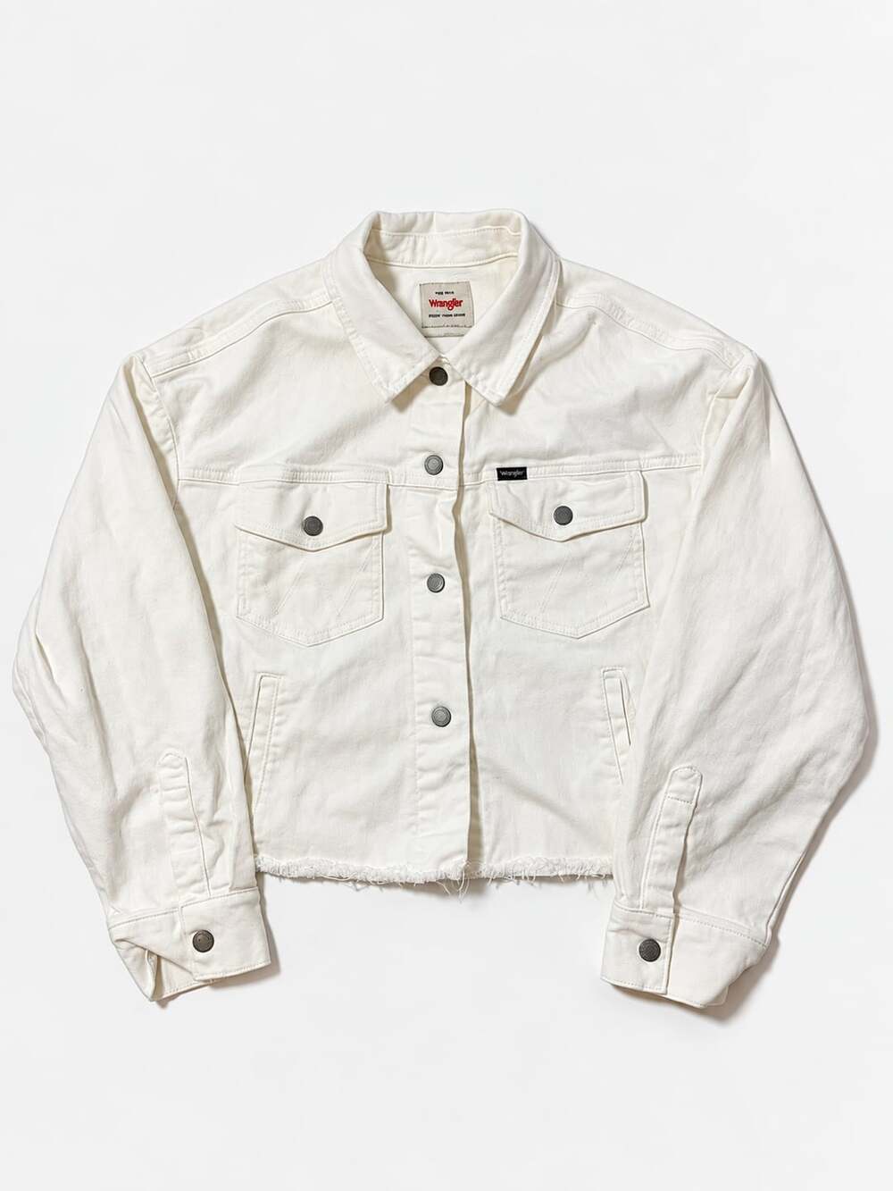 Wrangler Denim Jacket Size L White Cropped Raw Hem Trucker